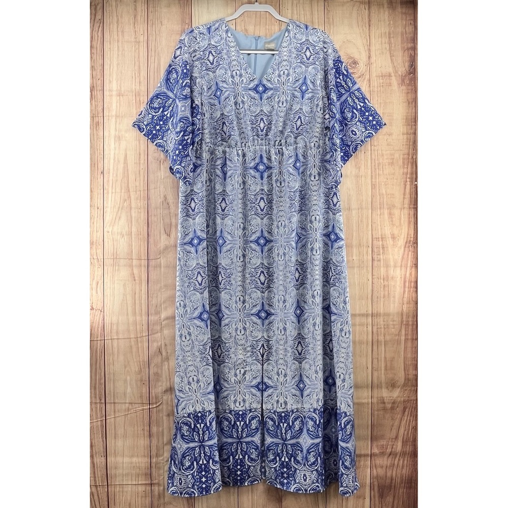 Chicos‎ Maxi Dress V-Neck Size 2.5 (14) Blue Medallion Title Print Front Slits
